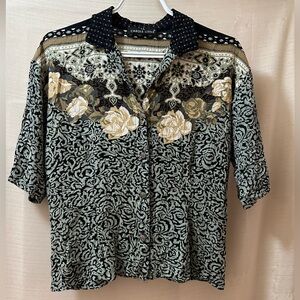 Vintage 90s Carole Little Button Up Shirt Floral Tapestry Boho Small Retro